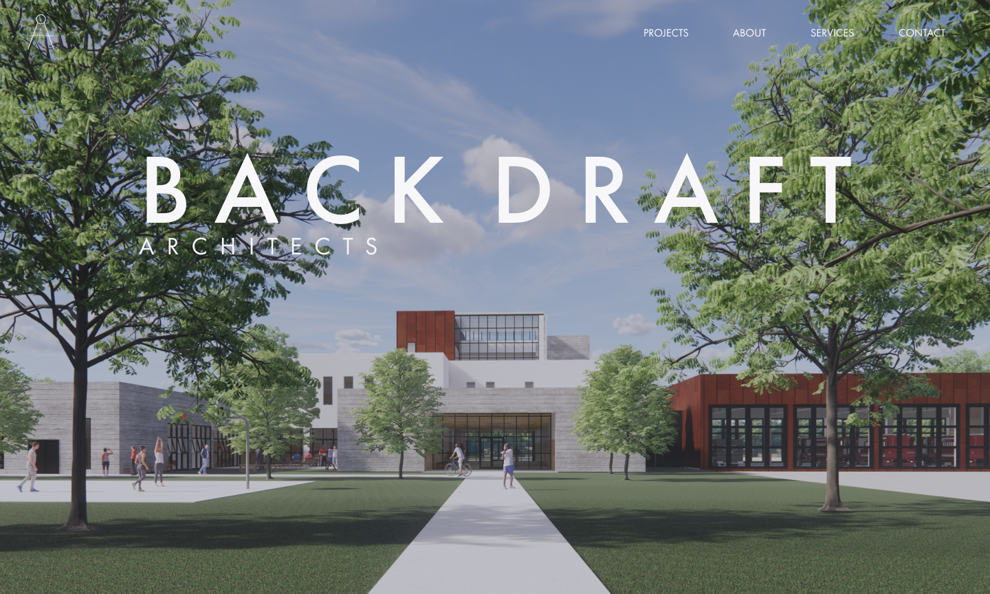 Back Draft website home page with a header and company name on top of a 3D rendering of a fire station