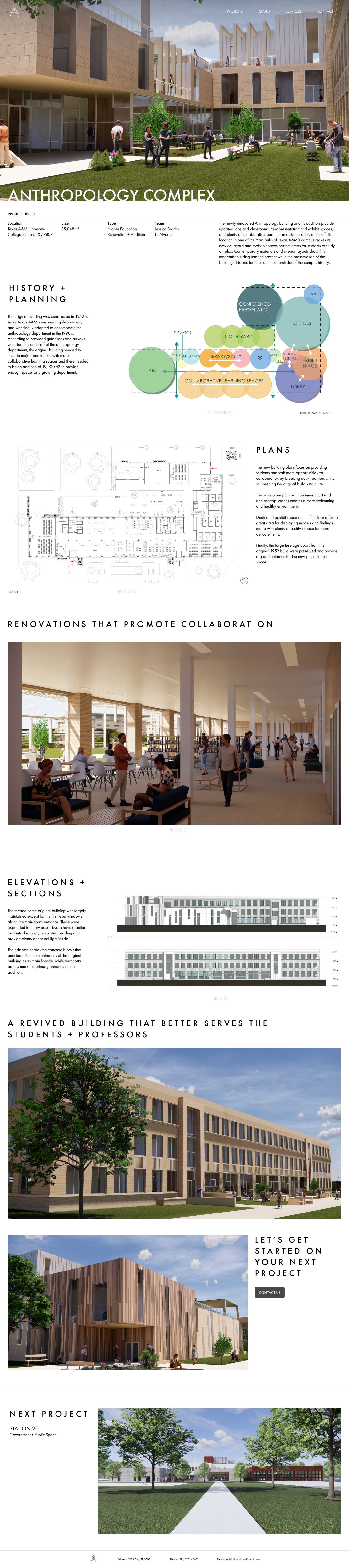 Back Draft website page of an Anthropology Complex including renderings, architectural drawings and diagrams, and information with an option to contact the firm or view the next project at the bottom of the page.