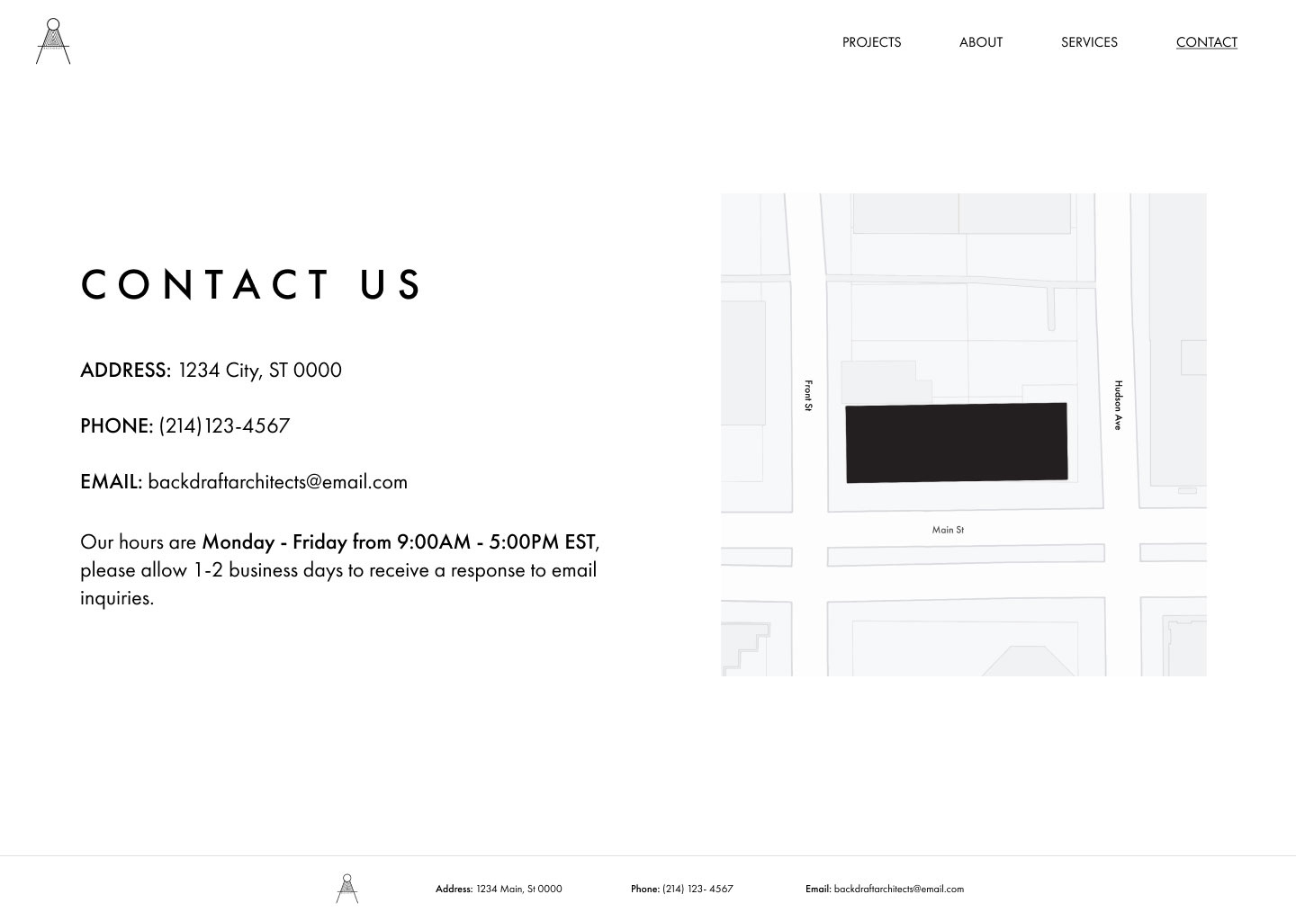 Back Draft website contact page with company's contact information, hours, and image of a basic map with their office highlighted