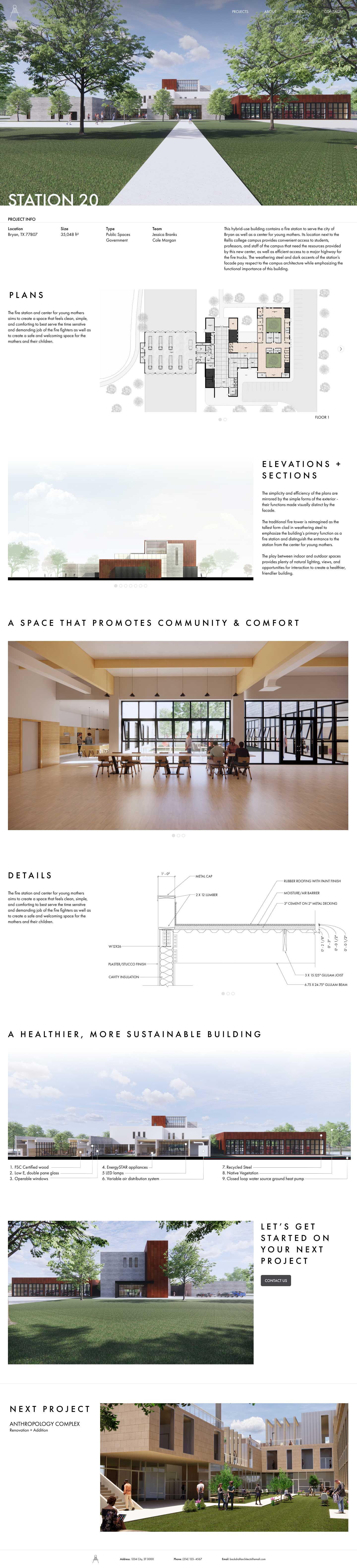 Back Draft website page for Station 20 showcasing renders, architectural drawings and details about the project with an option at the end to contact the firm or view the next project