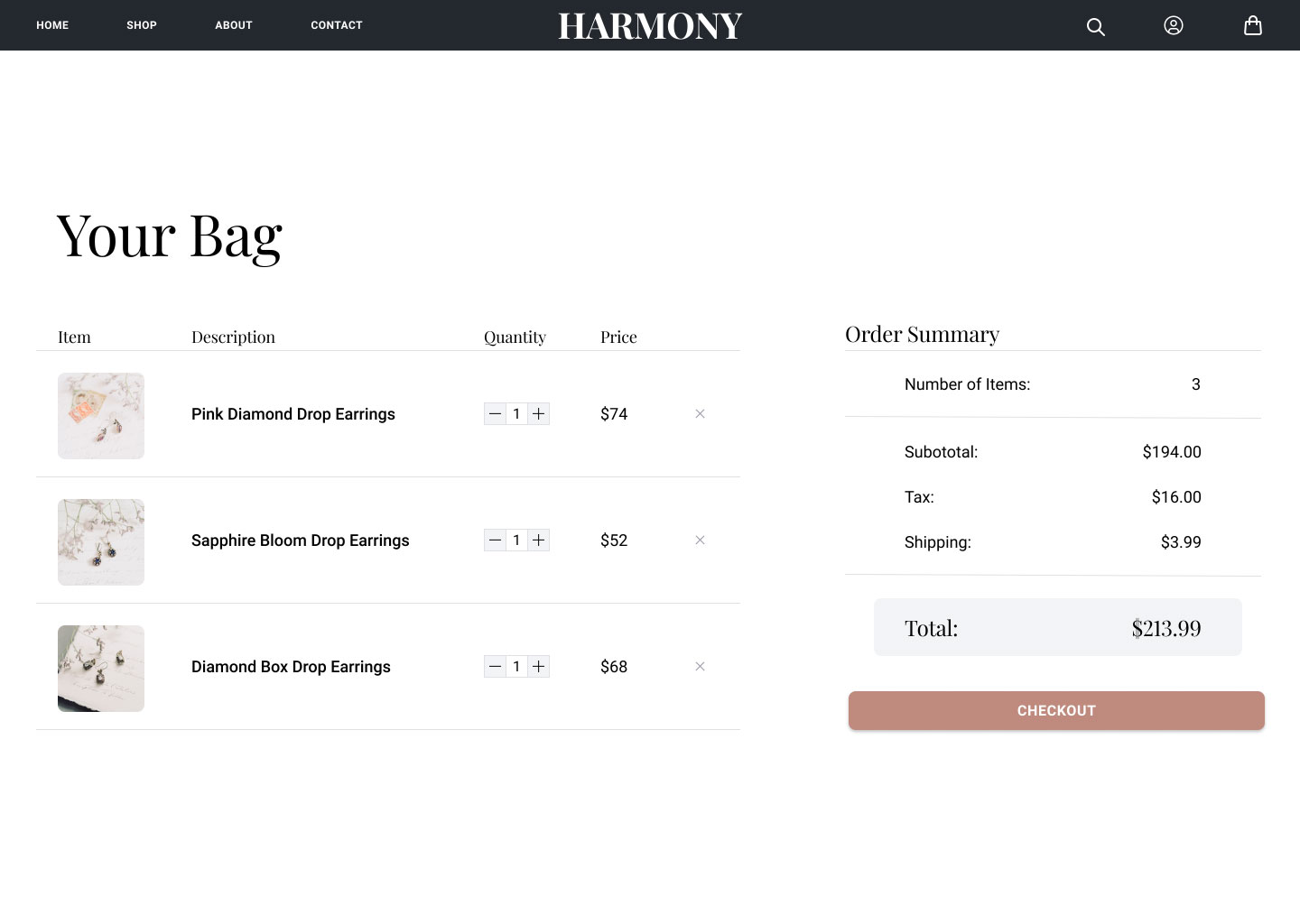 Harmony your bag screen taht shows list of items user added to their bag, quantities and prices of each item, and an order summary with the checkout button