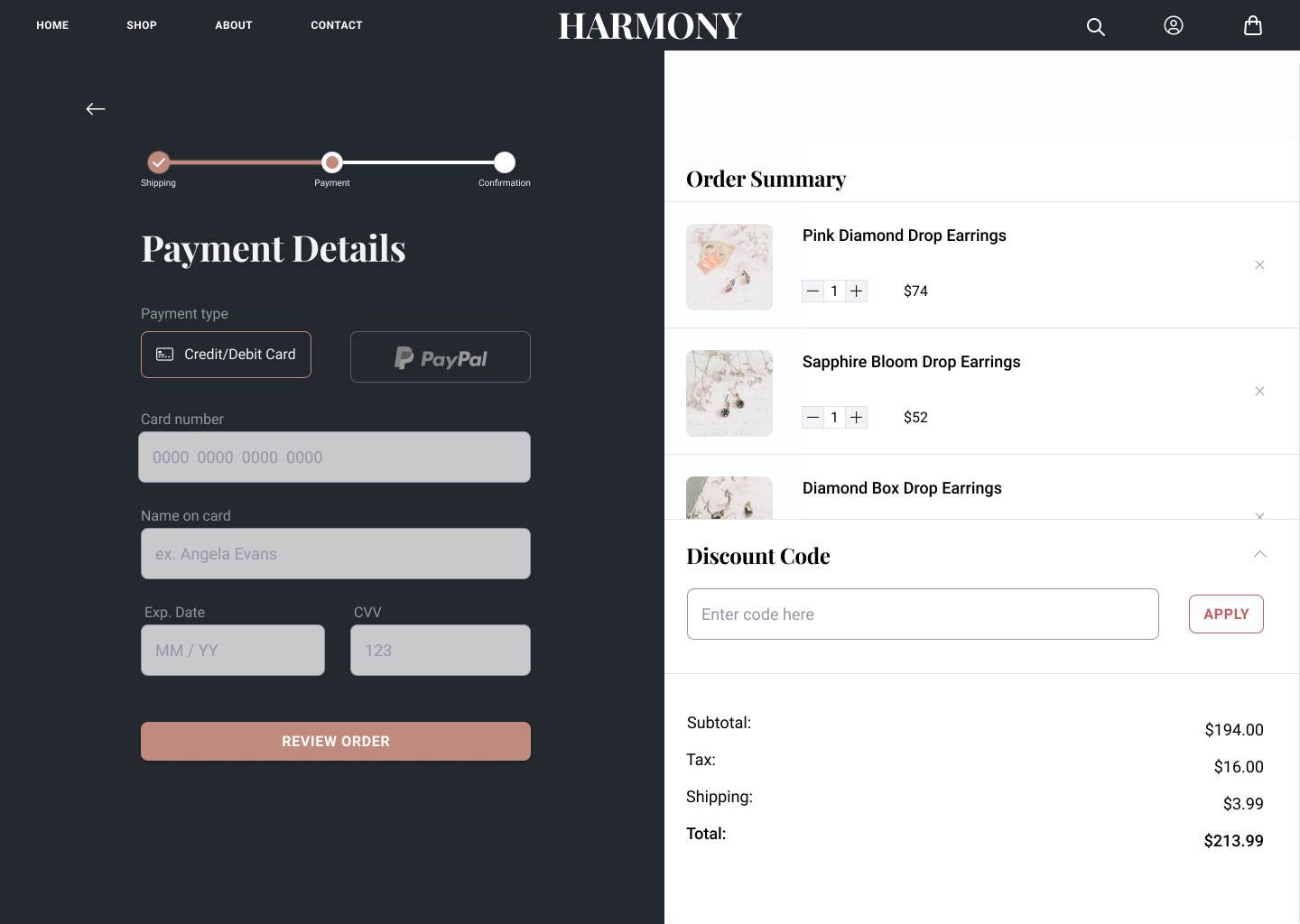 checkout page of Harmony website showing a split screen with checkout steps on the left and the order summary to the right