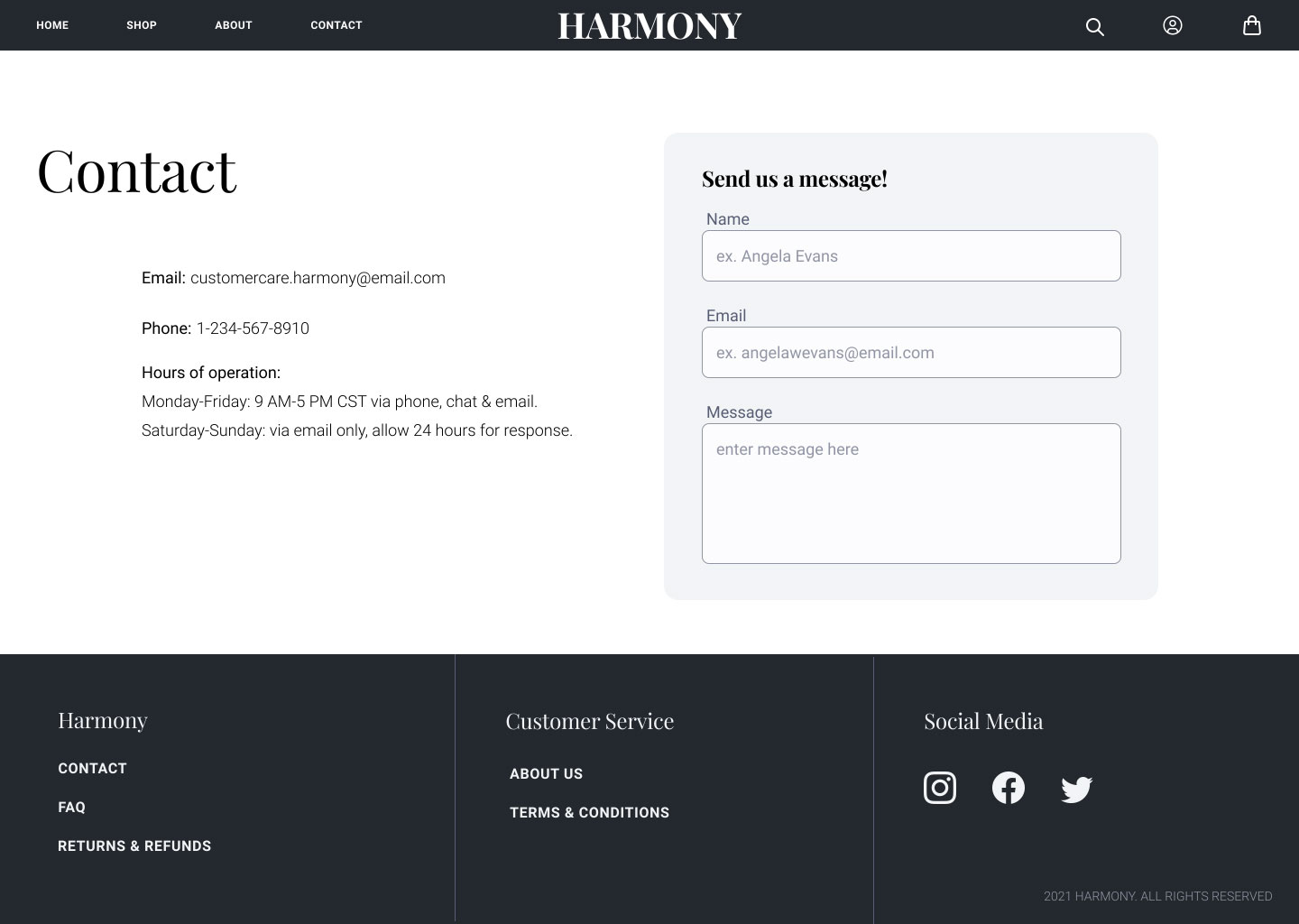 Harmony website contact page with the company's contact information and form to send them a message