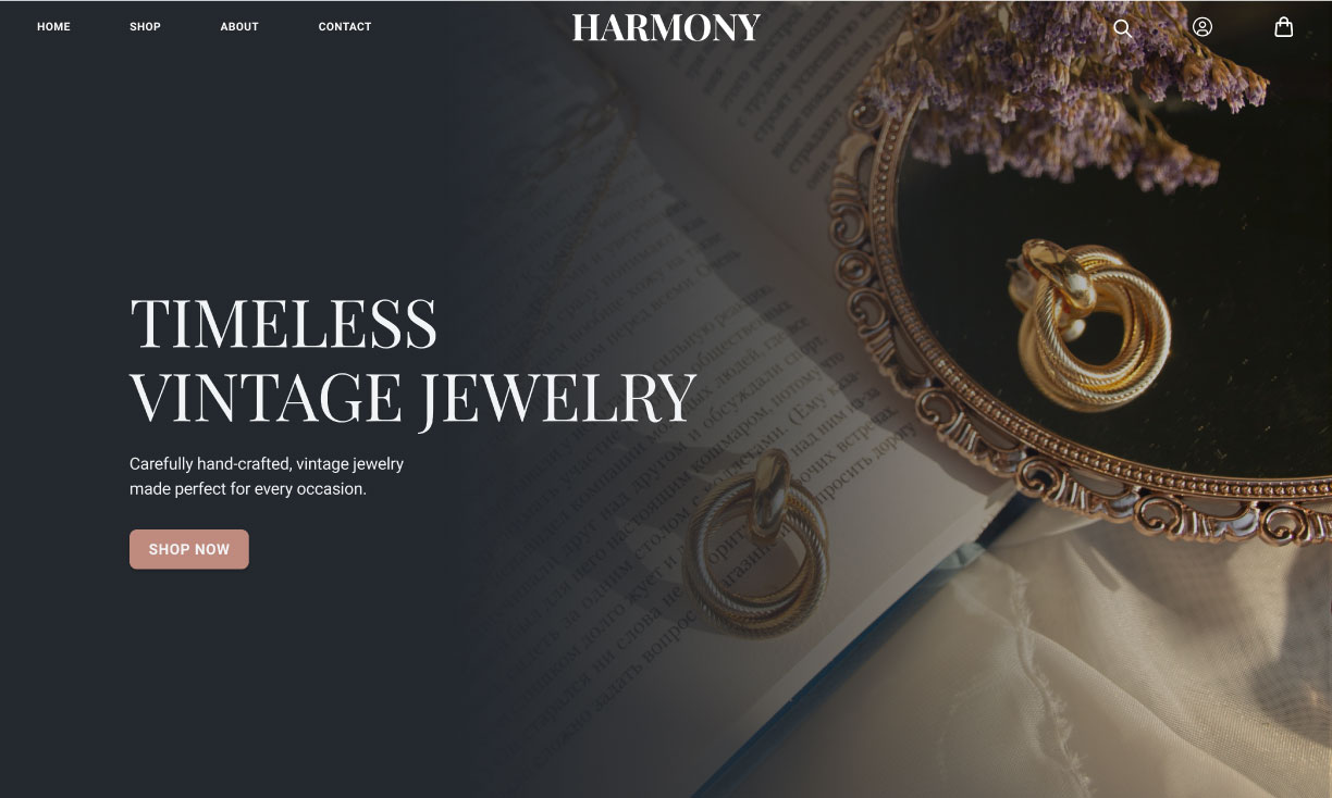 Harmony home page which contains a header, intro statement, and primary button to shop now on top of a fullscreen image of earrings