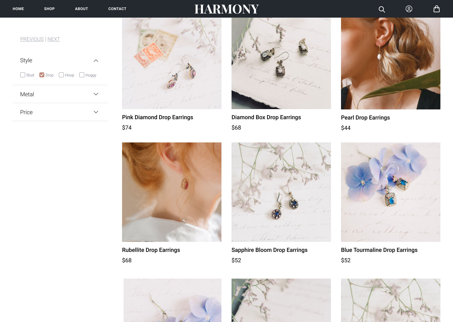 Harmony shop page with filters and page navigation in a left-hand panel and to the right a grid of images of the jewelry with their name and price below each image