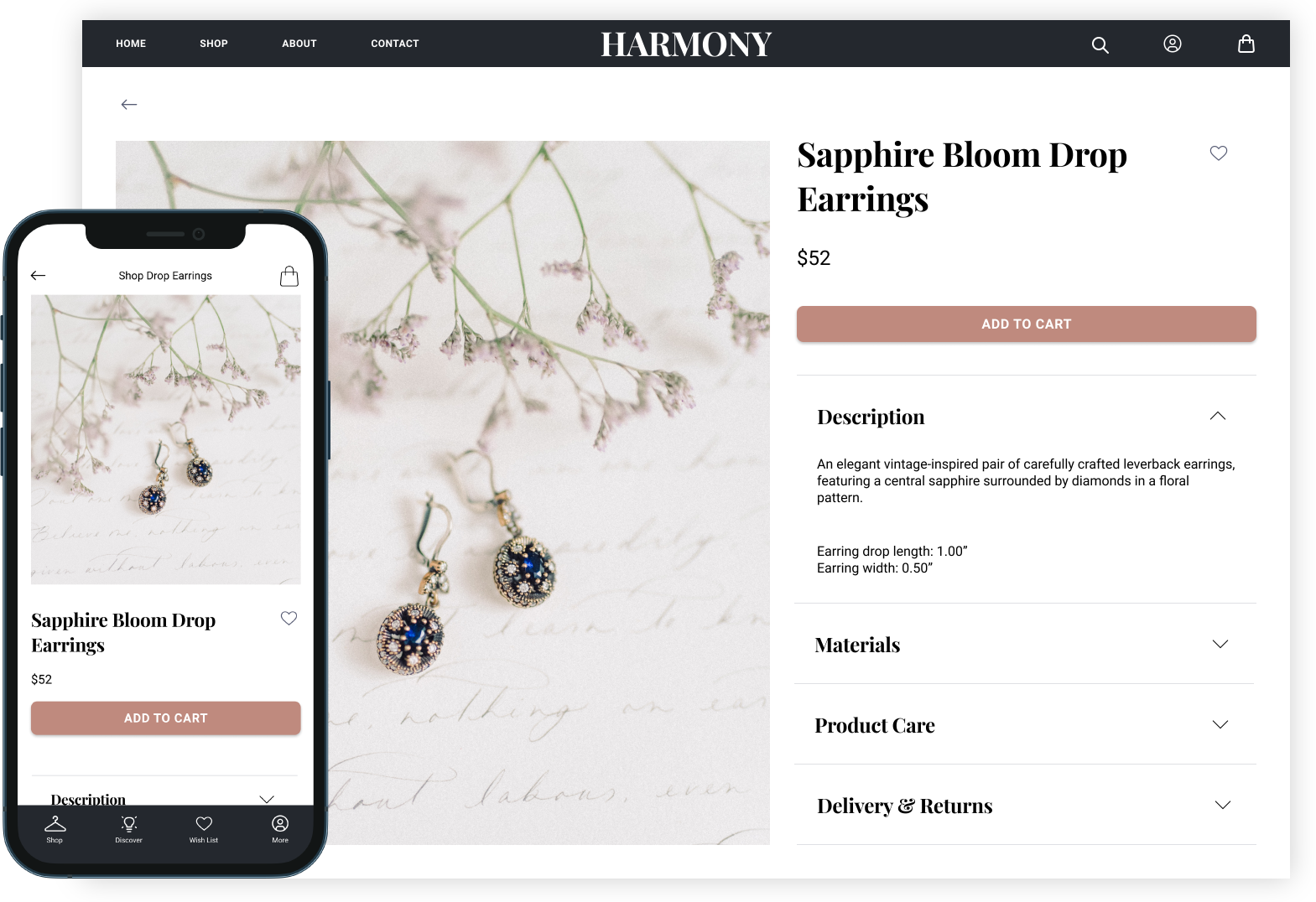 product page of the Harmony website shown in desktop and mobile versions