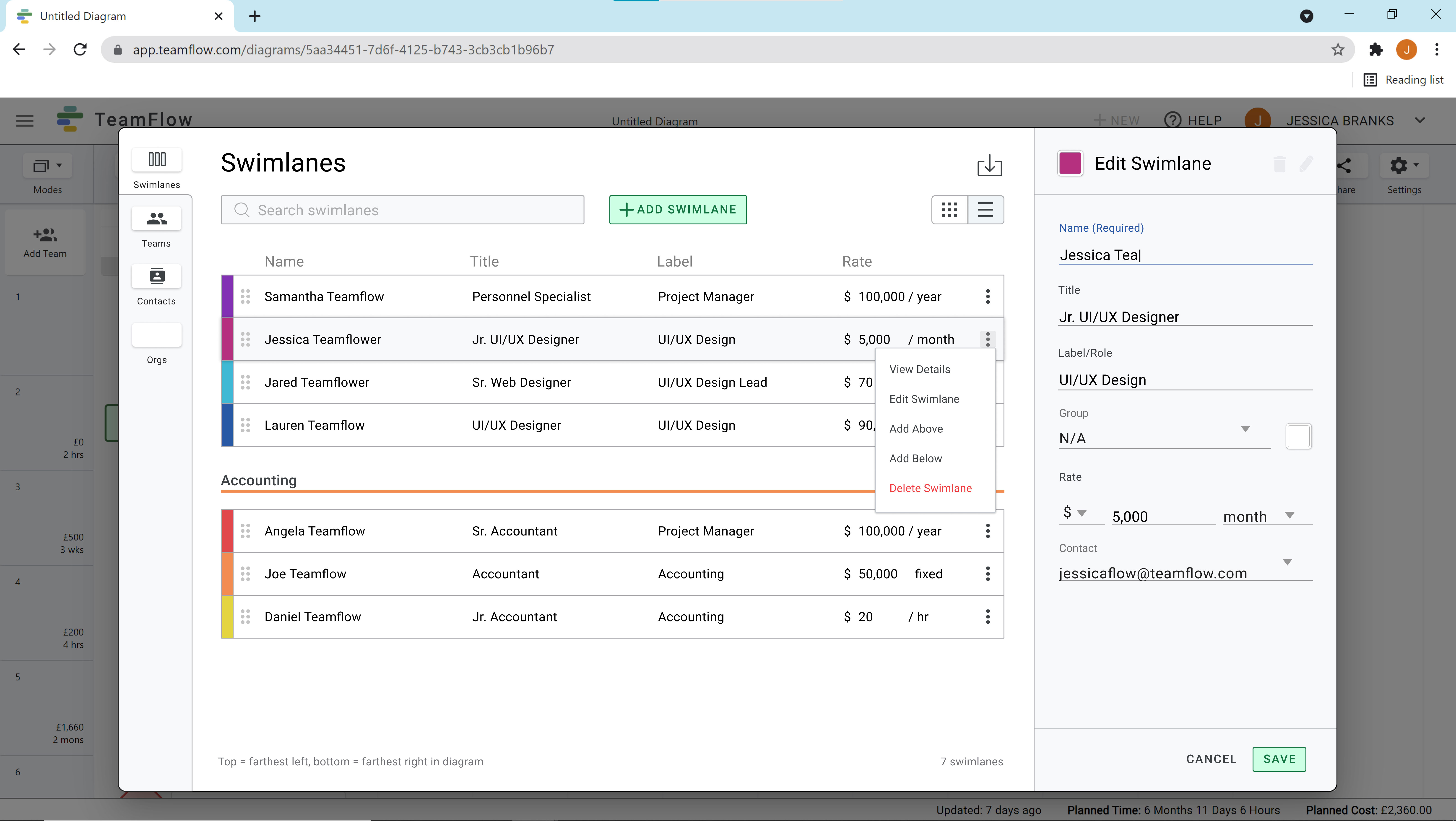 more button on individual swimlanes in the modal selected to show options to view details, edit, add above or below, and delete the swimlane with the right-hand sidebar showing the edit options