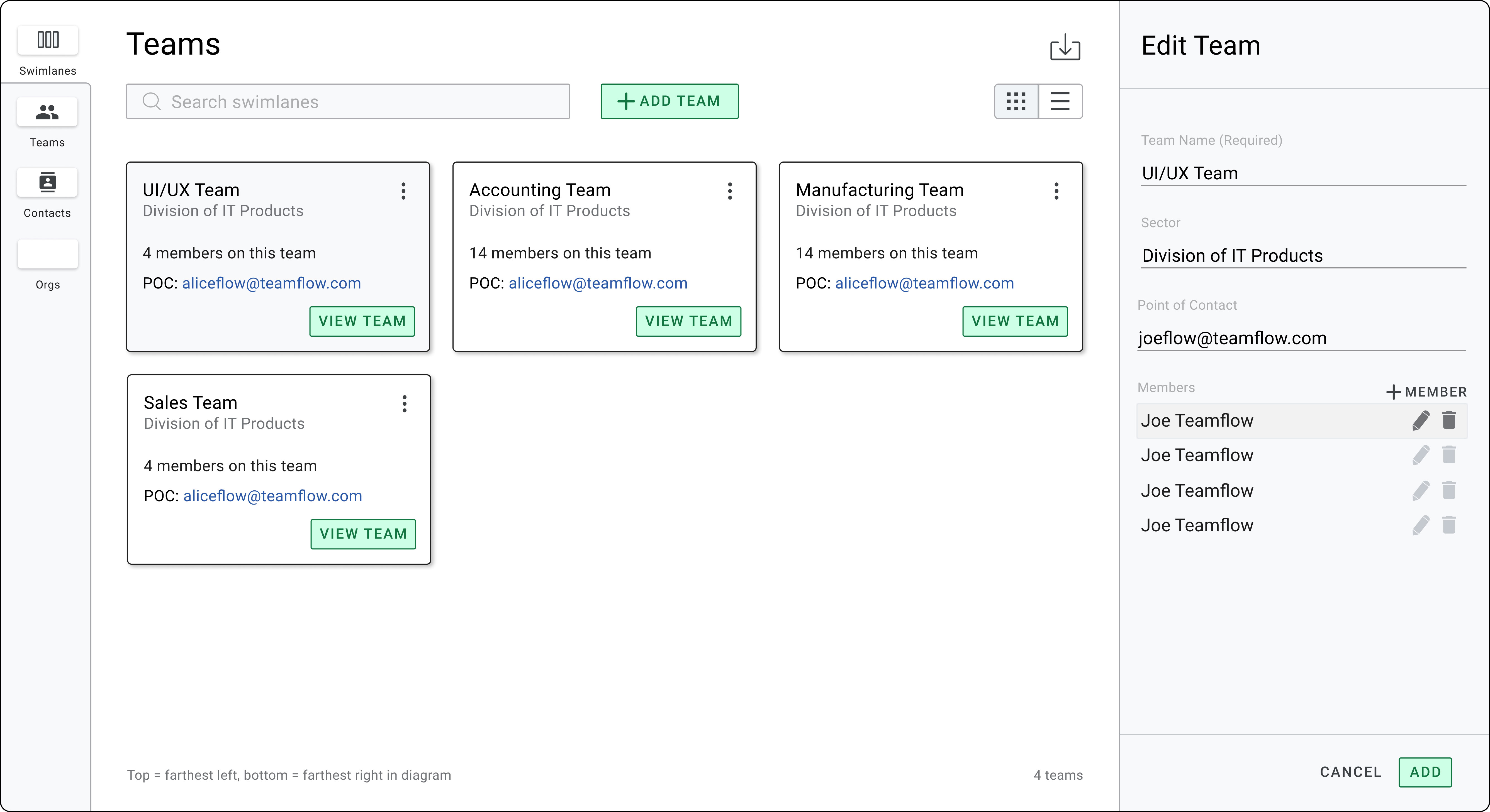 same modal as in the previous images, but with the teams tab selected which displays the team names, their divisions, number of members, and point of contact; in the right hand sidebar it displays the edit team options